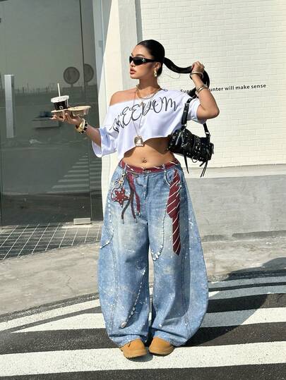 Muchica Plus Size Women's Tie Pattern Pocket Wide Leg Loose Casual Versatile Jeans