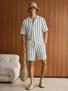 SWAVVY 男士条纹 Polo 领单排扣短袖衬衫上衣和短裤休闲日常穿搭 - 灰色 - 查看 2