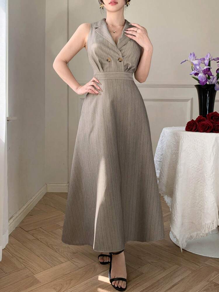Women's Striped Elegant Waist Cinching Long Dress, Suitable For Parties And Events Sundress Summer