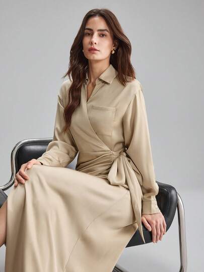 Ontre Vestido de satén color albaricoque con cinturón anudado, adecuado para fiestas urbanas modernas, temporada de vuelta al colegio, bodas, uso diario minimalista urbano casual, estilo bohemio, vacaciones, festivales, temporada de primavera