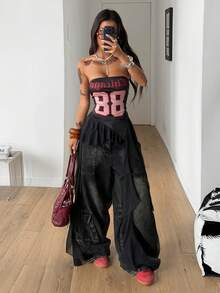 Coolane 女士春夏Y2K图案撞色蕾丝运动筒裙荷叶边迷你裙 - 黑色 - 查看 3