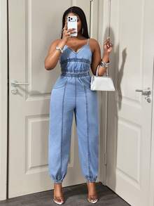 Slaydiva Bộ áo liền quần denim nữ kiểu dáng thường ngày, chất liệu denim bạc màu. - Màu xanh lam - Xem 5