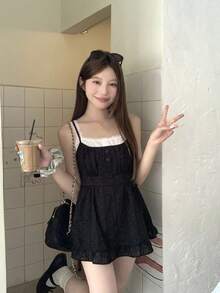 DAZY Camiseta de tirantes de mujer con encaje y contraste de color a cuadros para el verano - Negro - Ver 4