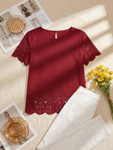 SHEIN Clasi Áo sơ mi mùa hè cỡ lớn, màu trơn, kiểu dáng thoải mái, khoét lỗ. - Đỏ - Xem 7