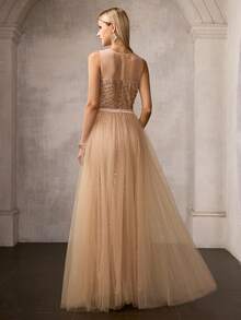 MOTF Soiréza ELEGANT CHAMPAGNE MAXI PARTY DRESS FOR WOMEN, SLEEVELESS ROUND NECK DRESS WITH RHINESTONE EMBELLISHED NECKLINE, SPARKLY SEQUIN FABRIC, FOR EVENING EVENTS, FORMAL PARTIES & NEW YEAR CELEBRATIONS - Champagne - View 4