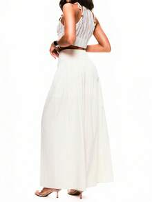 TypaGal 女士纯色系带阔腿宽松休闲裤 - 白色 - 查看 3