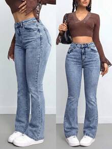 SHEIN Tall Quần jeans nữ dáng ôm vừa vặn, co giãn, ống loe, thích hợp cho nữ cao, thích hợp mặc vào đêm giao thừa và Giáng sinh. - Rửa nhẹ - Xem 1
