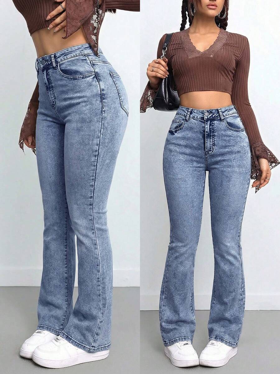 SHEIN Tall Quần jeans nữ dáng ôm vừa vặn, co giãn, ống loe, thích hợp cho nữ cao, thích hợp mặc vào đêm giao thừa và Giáng sinh. - Rửa nhẹ - Xem 1