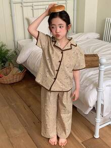 Dazy Kids Ropa de estar en casa para niñas jóvenes con estampado floral y cuello de contraste de color, para otoño y verano - Caqui - Ver 5