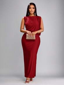 春夏女装派对通勤优雅棕色亮面针织面料无袖露肩不对称领口肩部褶裥臀部收褶修身性感H型下摆侧开衩长裙 - 紅色 - 查看 5