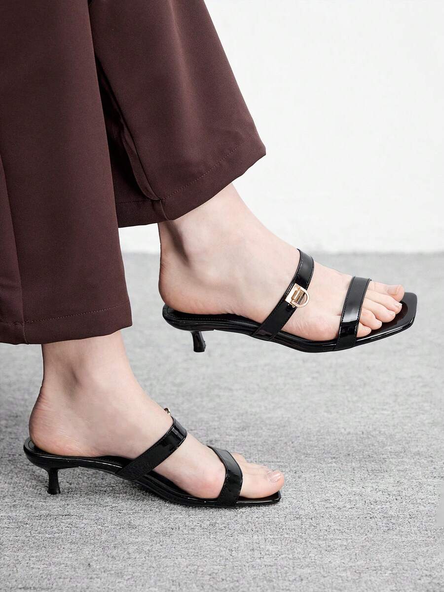 CUCCOO BIZCHIC Giày nữ mùa xuân hè mới, kiểu dáng sọc đen, mũi nhọn, khóa kim loại, sandal cao gót vừa phải, dép lê đơn giản, thời trang và thoải mái, đa năng hàng ngày, sandal nữ đi làm, giày nữ. - màu đen - Xem 1