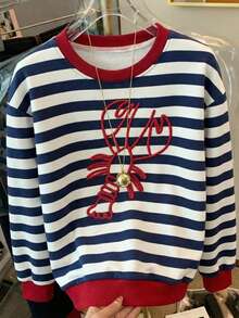 Muchica 女士休闲条纹龙虾印花圆领长袖卫衣，夏季 - 彩色 - 查看 1