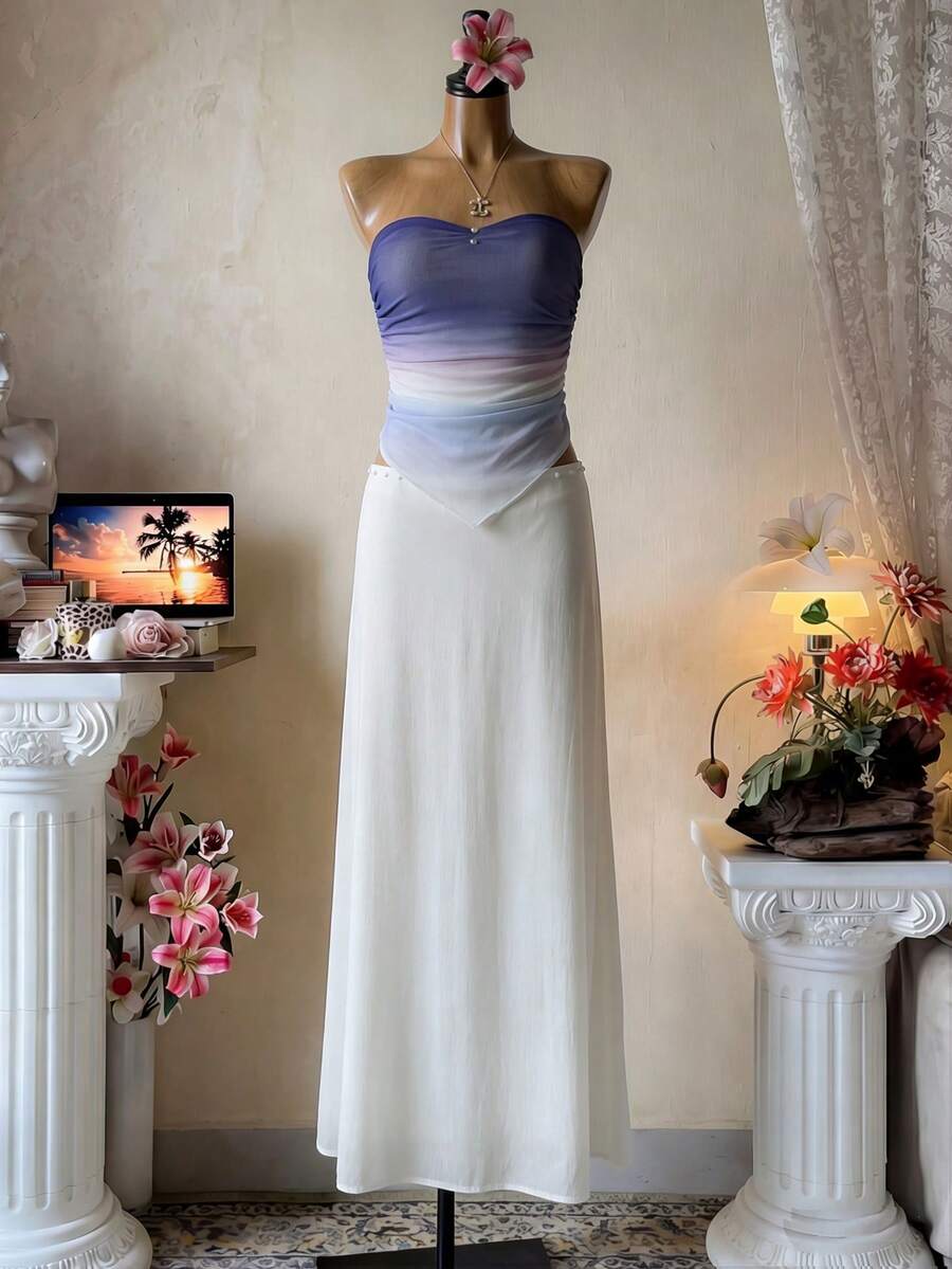 Bluhae Millennium Print Pattern Sleeveless Asymmetrical Hem Crop Top, Suitable For Summer Beach Vacation - Purple - View 1