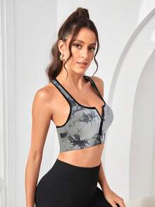 Rhythm Era Contrast Trim Zipper Tie-Dye Print Scoop Neck Sports Bra - Black - View 4