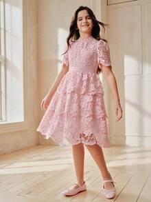 Anewsta Girls' Lace Cake Dress, Long Sleeve Pink Summer Dress For Toddler & Big Tween Girl - Pink - View 3