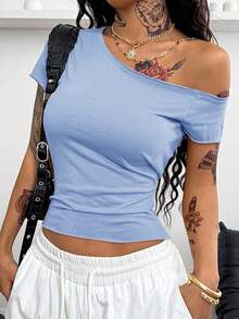 Coolane 女士休闲纯色不对称领T恤，夏季 - 淺藍色 - 查看 5