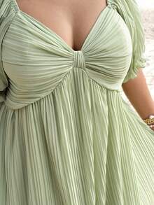 GalTyme 大码女式纯色褶皱休闲派对日常连衣裙 - 綠色 - 查看 2