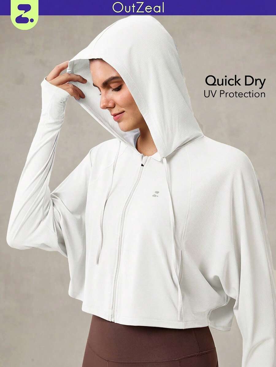OutZeal Women White Sun-Proof Jacket Solid Color Hiking Gym Casual UV Protection Quick-Dry Hooded Cropped Summer Outdoor Jacket - White - View 1