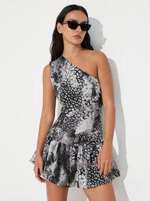 Aveloria Modichic Minimalist Modern Vacation Versatile Fashionable Black & White Abstract Animal Print Asymmetrical Shoulder Cinched Waist Flowy Mini Dress - Black and White - View 4