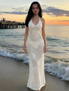 SHEIN 少女钩针编织罩衫连衣裙，休闲沙滩度假长裙 - 杏色 - 查看 1