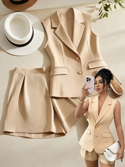 GlowEve Women's Solid Color Front Button Vest And Shorts Elegant Suit Set