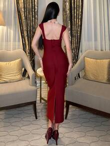hhfernanda Women's Fitted Waist Ribbed Knit Burgundy Midi Bodycon Party Dress - Burgundy - View 2