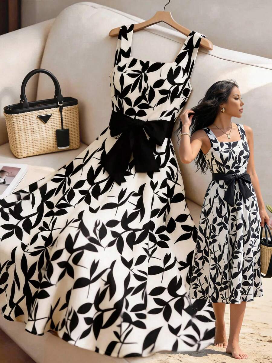 GlowEve Women's Leaf Silhouette Pattern Waist A-Line Dress, Elegant Charming Casual Vacation Beach Commute Fashion Date French Street Retro Versatile Spring Summer Apricot Base Black Print New Sleeveless Midi Dress - Multicolor - View 1