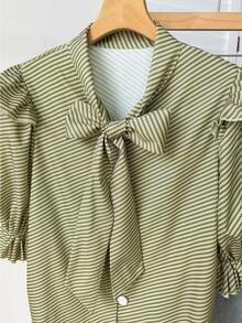 Airaco Women's Striped Tie Collar Single-Breasted Casual Versatile Daily Wear Shirt - Green - View 4