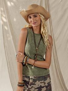 Wildy Women's Olive Green Boho Summer Casual Sleeveless Top,Cotton Vintage Distressed Music Festival Western Outfits,Daily Wear Occasion Basic Tops - Green - View 4