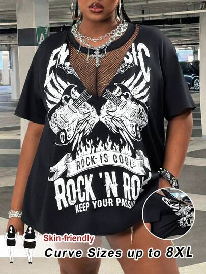 SHEIN CURVE+ Damska koszulka w dużym rozmiarze na wiosnę i lato w jednolitym kolorze, ciemnoszary, swobodny, uliczny, amerykański, retro, nostalgiczny, z krótkim rękawem, z siateczkowym, perspektywicznym łączeniem dla uzyskania efektu vintage, wzór gitary, luźny T-shirt na codzienne wyjścia/festiwale muzyczne, uniwersalna odzież