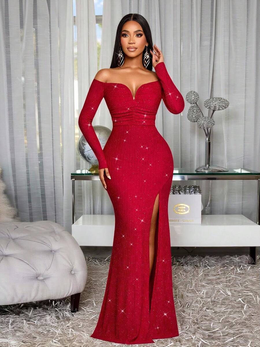 SOLERSUN 女士时尚优雅 V 领露肩美人鱼下摆鸡尾酒会夜总会紧身性感连衣裙，适合圣诞派对度假和约会 - 紅色 - 查看 1