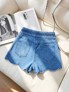 GlowEve 女士休闲纽扣褶裥牛仔短裤，日常百搭 - 藍色 - 查看 2