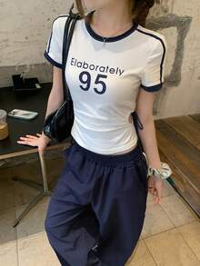 DAZY 女士圆领字母数字印花褶皱扭结设计休闲百搭日常短袖T恤 夏季 - 白色 - 查看 4