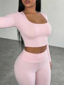 Slaydiva 早春新款，春夏音乐节、情人节、复活节休闲风，简约基础款Y2K街头甜美风，畅销日常约会风，辣妹风，性感运动时尚风U领长袖超短T恤+后腰蝴蝶结，V腰设计，七分裤，粉色套装，女士两件套 -A - 粉色 - 查看 8