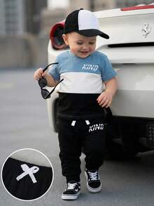 SHEIN Playful Pals 两件套幼儿男童休闲撞色字母印花短袖圆领T恤和松紧腰裤，适合儿童日常休闲穿着，男童套装，秋季款，适合3岁男童，婴幼儿男童服装，秋季款 - 彩色 - 查看 8