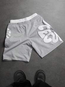 SLATEMANN 男士休闲字母印花抽绳腰短裤，夏季 - 灰色 - 查看 3