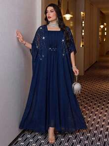 Reflora 大码闪亮优雅短袖连衣裙 - 藍色 - 查看 10