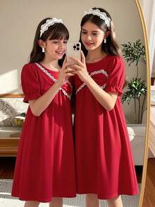 SHEIN ChillGRL Streecool Tween Girl Girls' Fashionable Versatile Cute Puff Sleeve Round Neck Doll Dress, Red One-Piece Dress, Round Neck Front Splice Design Pullover Dress, Suitable For Daily Outings, Birthday Parties - Red - View 2