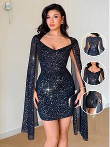 SHEIN Raffinéa 女士优雅性感不对称波点金属印花黑色针织短裙，适合晚宴、春夏穿着 - 黑色 - 查看 4