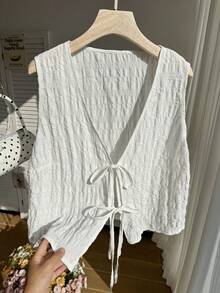 SHEIN EZwear 大码休闲度假风系带背心衬衫 - 白色 - 查看 5