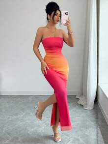 Rafferiza Women's Elegant Ruched Tie Dye Mesh Print Waist Cinched Strapless Party Split Dress - Pink - View 6