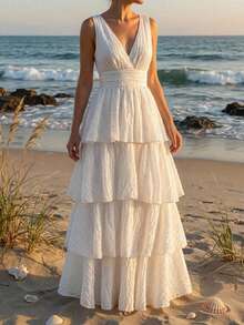 Ellevyn 女士V领收腰豹纹层叠无袖连衣裙，优雅日常穿着，春夏秋季皆宜 - 白色 - 查看 15