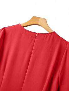 GlowEve CURVE Plus Size Women's Solid Color Round Neck Short Sleeve Button Design Pleated Hem Elegant Dress - Red - View 5