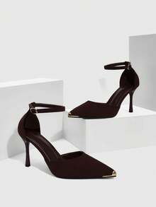 CUCCOO SZL 女士时尚尖头麂皮金属鞋头晚宴派对婚礼性感镂空细高跟鞋 - 咖啡棕 - 查看 2