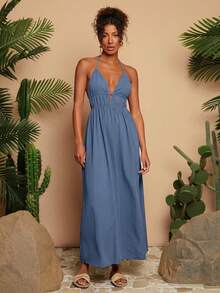 Travachic 女士纯色V领无袖连衣裙 - Iron Gray - 查看 6