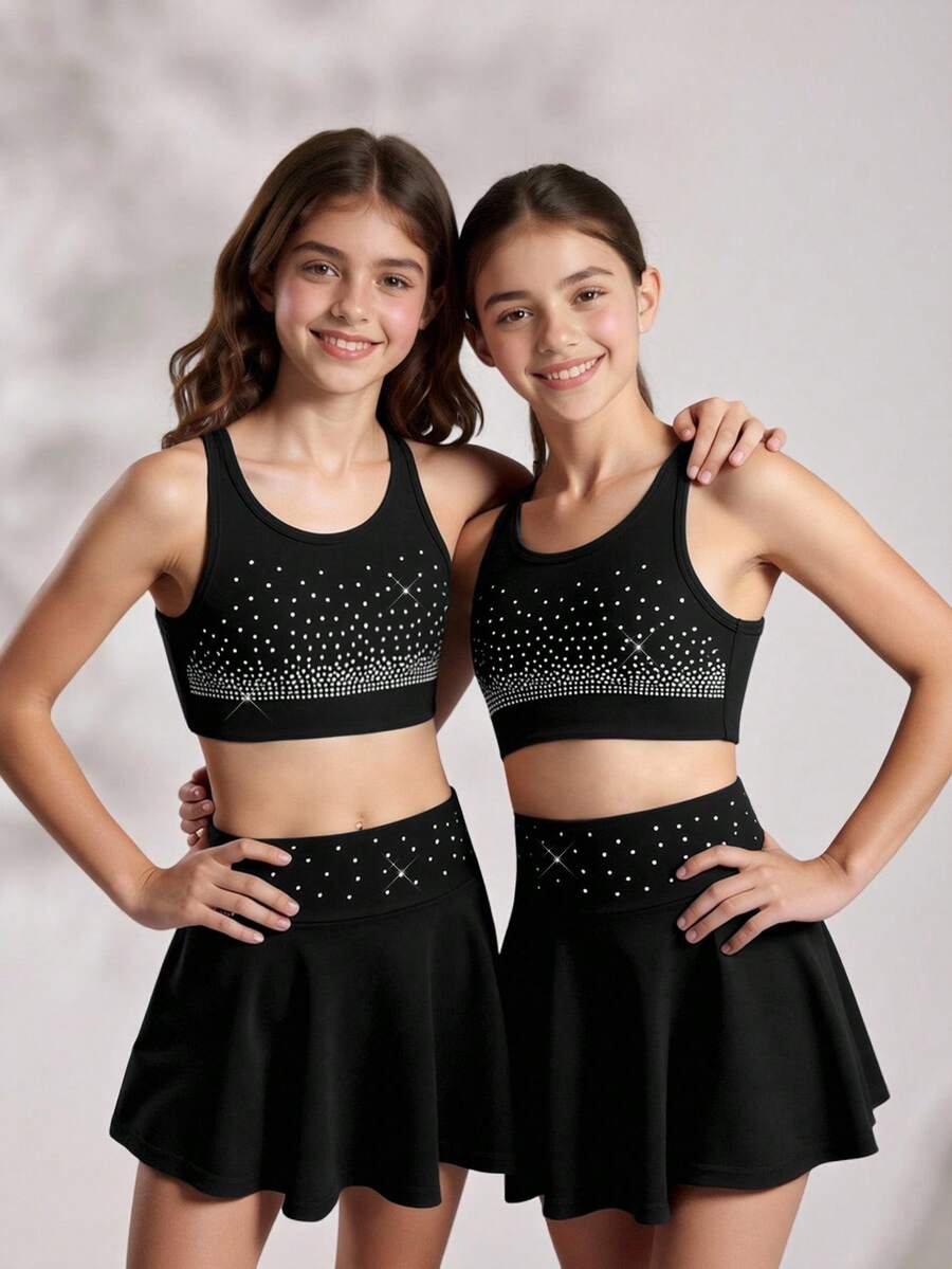 少女黑色背心裙套装 - 两件套高弹力运动服，饰有闪亮水晶，无袖运动服，适合舞蹈和体操训练、体操、啦啦队服，闪亮水晶装饰，内置安全短裤 - 黑色 - 查看 1