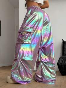 Coolane Women's Summer Streetwear Going Out Music Festival Outfits Fashionable Drawstring High Waist Wide Leg Cargo Pants With Holographic Effect Festival Bottoms Y2k Holographic Pants Iridescent Pants Wide Leg Pants Rave Pants - Purple - View 2