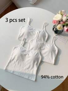 SHEIN 3件装少女基础款舒适棉质针织吊带文胸，白色 - 彩色 - 查看 7
