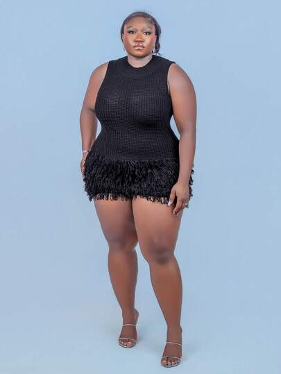 CurvyTilda Plus Size Women's New Spring/Summer Mini Sleeveless Hollow Out Fringe Bodycon Knit Dress, Suitable For Everyday Wear, Music Festival, Concert, Carnival Party, Beach Vacation, Date Night, Birthday, Bachelorette Party Outfit, Club, Cute, Casual, Shopping, Streetwear, Going Out, Easy To Match & Looks Slim, Accent Your Body, Flatter The Figure Winter Fall Autumn
