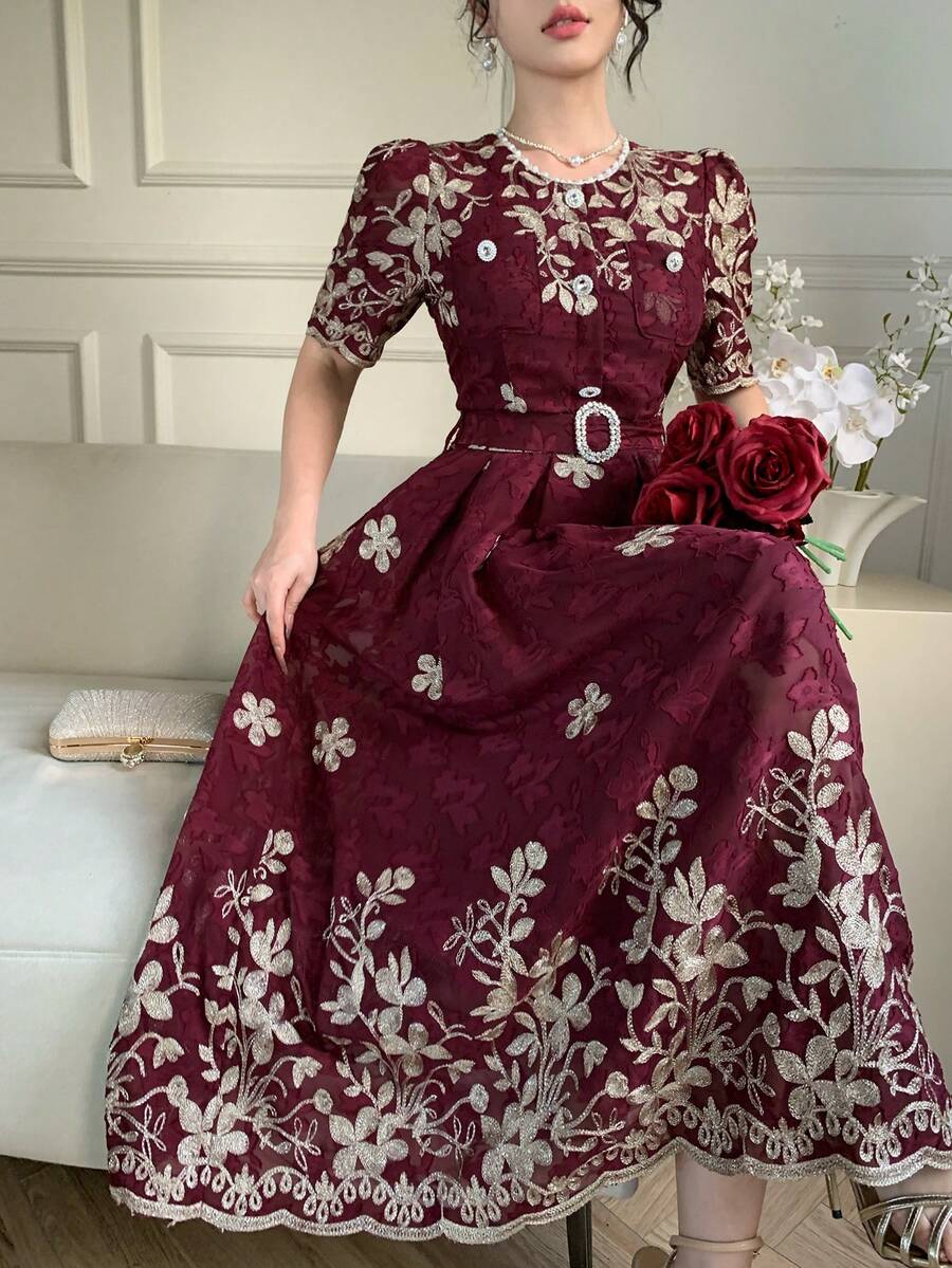 DAZY Exquisite High-End Lace Tie-Cinched Waist Embroidered Delicate Korean Style Elegant Rejuvenating Dress Sun Dresses For Women Summer - Burgundy - View 1